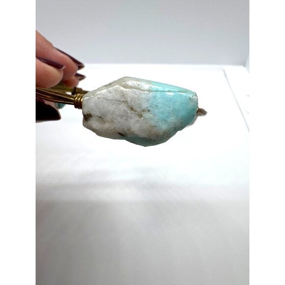 Handcrafted Gold Wire Bangle Bracelet With Natural Amazonite Stones & "H.D." Tag - Picture 3 of 7